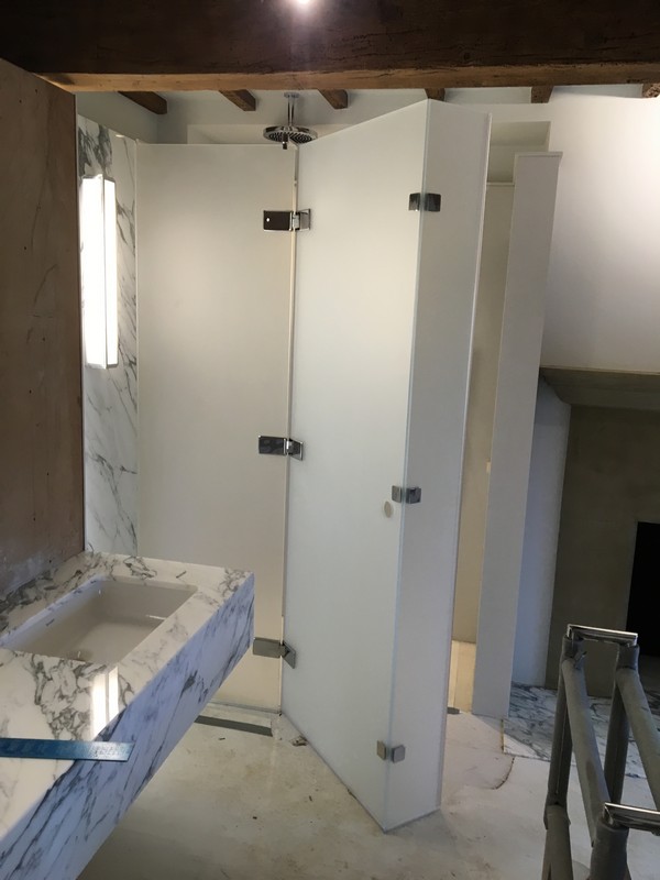 Bespoke frosted glass shower enclosure in Holborn luxury bathroom